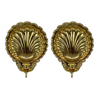 Vintage Hollywood Regency Brass Scallop Shell Wall Candle Sconce - a Pair For Sale