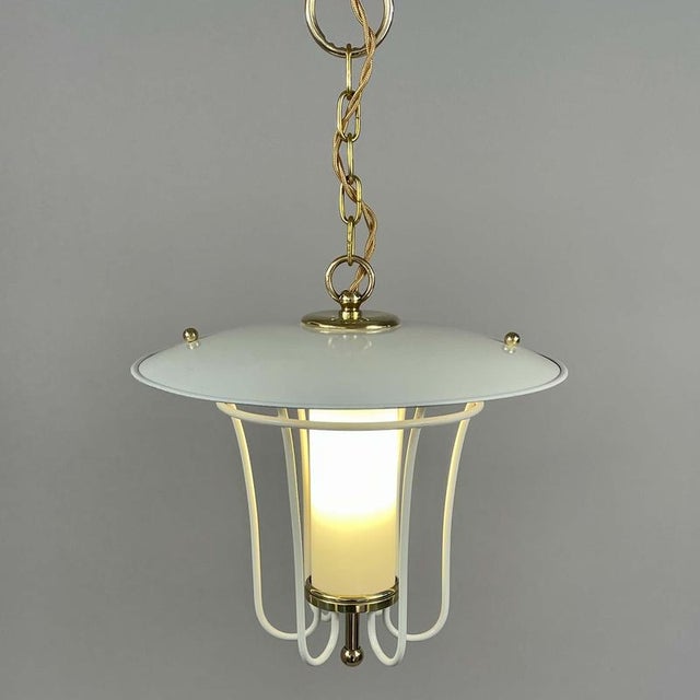 Caged Opaline Glass, Cream and Brass Pendant Lantern, Germany, 1950s For Sale - Image 6 of 17