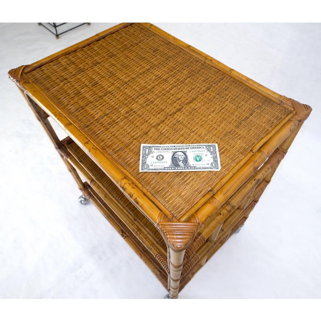 Wood Mid Century c1970s Bamboo 3 tier Side End Table Stand on Wheels MINT For Sale - Image 7 of 13