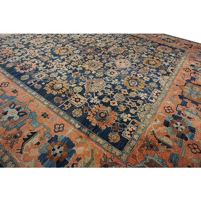 1960s Blue Geometric Vintage Turkish Village Rug 12'6"x14'8" Knotted Wool Carpet For Sale - Image 9 of 12