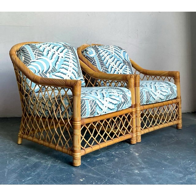 Vintage Boho Bielecky Brothers Trellis Rattan Lounge Chairs in Alan Campbell “Ferns” - A Pair For Sale - Image 9 of 12