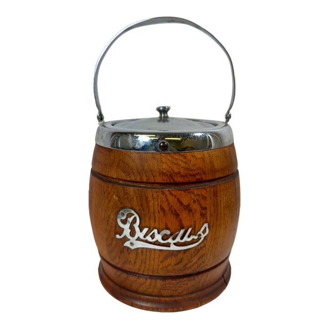 Vintage Ceramic Lined Oak Wood Biscuit Jar /Ice Bucket With Chrome Top & Handle From England - Circa 1920 For Sale
