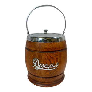 Vintage Ceramic Lined Oak Wood Biscuit Jar /Ice Bucket With Chrome Top & Handle From England - Circa 1920