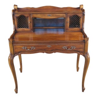 Late 20th Century National Mt Airy French Provincial Louis XV Walnut Writing Desk W Mirror & Light For Sale