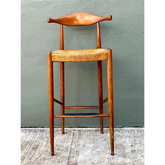 Vintage MCM Wood and Rush Bar Stool For Sale In West Palm - Image 6 of 12