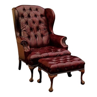 1990s Chesterfield Leather Wingback Chair With a Matching Ottoman by Ethan Allen For Sale