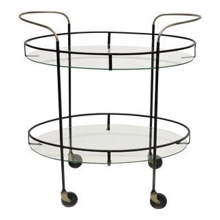 Vintage Mid-Century Modern Atomic Era Iron Metal & Oval Glass Rolling Bar Cart For Sale