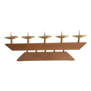 Vintage Scandinavian Modernist Art Deco Candlestick in Teak Wood and Brass, 1960s For Sale