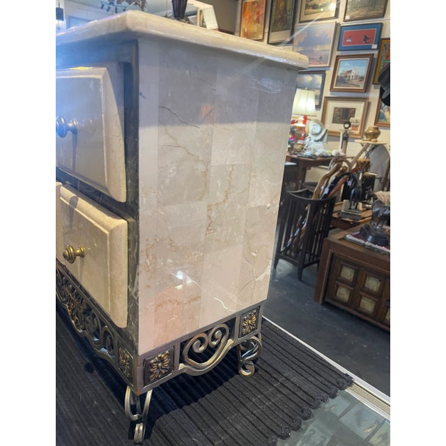 Treasure chest on iron base in Tesselated marble . Four drawers with black velvet lining. Metal base has gold painted...