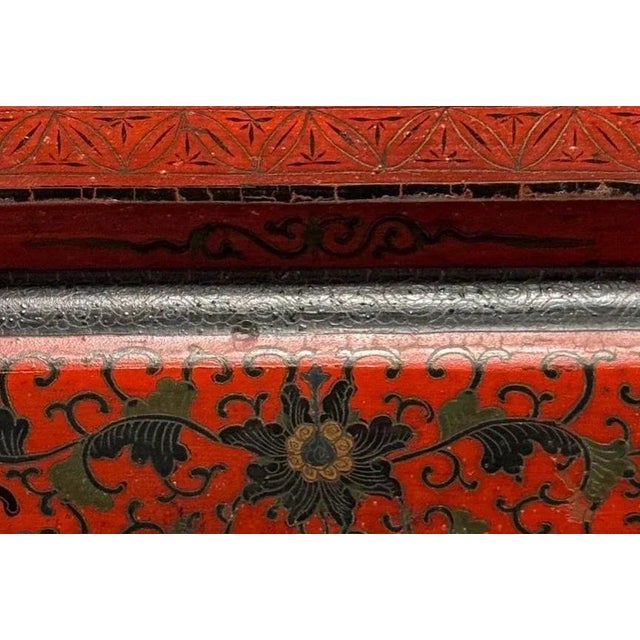 Red Antique Chinese Red Lacquer Chinoiserie Demi Lune Console or Lamp Table, Qing Dynasty 19th Century For Sale - Image 8 of 9