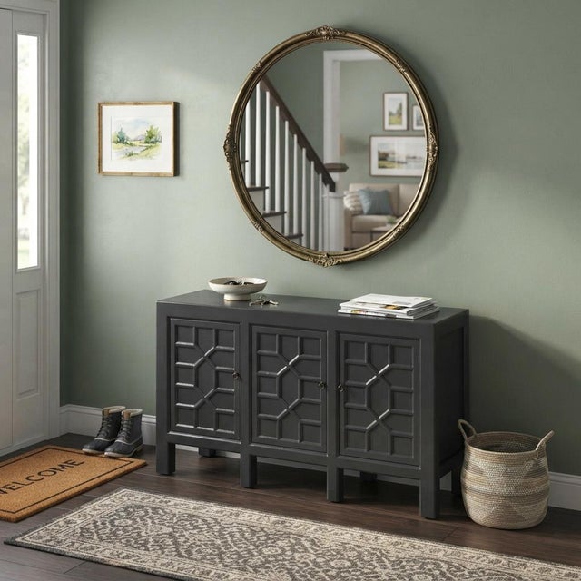 Distressed Gray Lacquer Cross Lattice Pattern Doors Sideboard Console Cabinet For Sale - Image 9 of 10