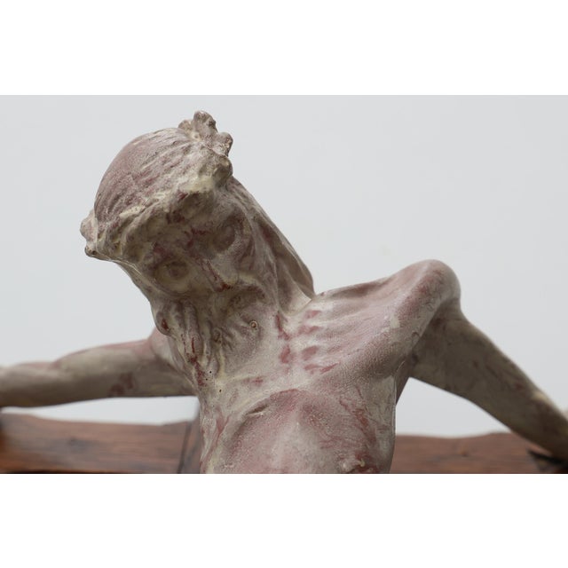 Wood Belgian Wooden Crucifix with Painted Plaster Corpus and Metal Inri Plaque, 1920 For Sale - Image 7 of 10