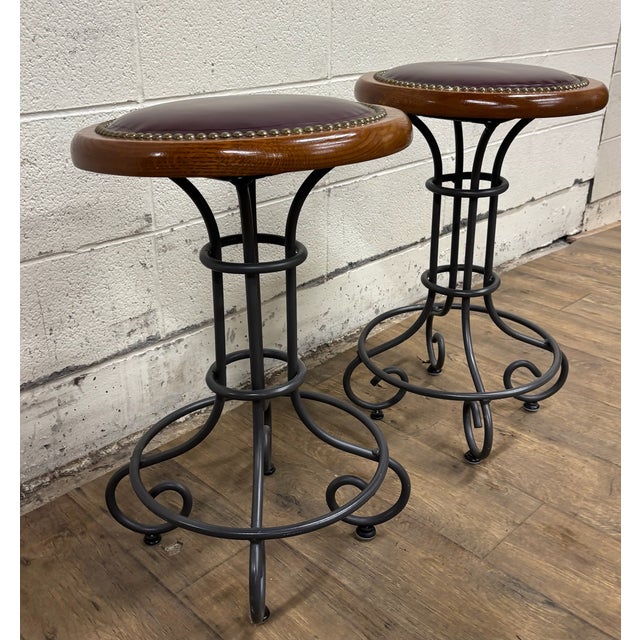 Vintage Virginia House Oxblood Burgundy Vinyl Nailhead Swivel Backless Barstools For Sale - Image 9 of 15