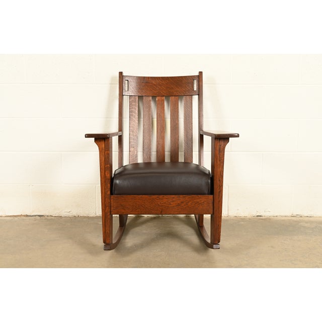 Mission Charles Stickley Antique Mission Oak Arts & Crafts Cutout Rocking Chair, Newly Restored For Sale - Image 3 of 13