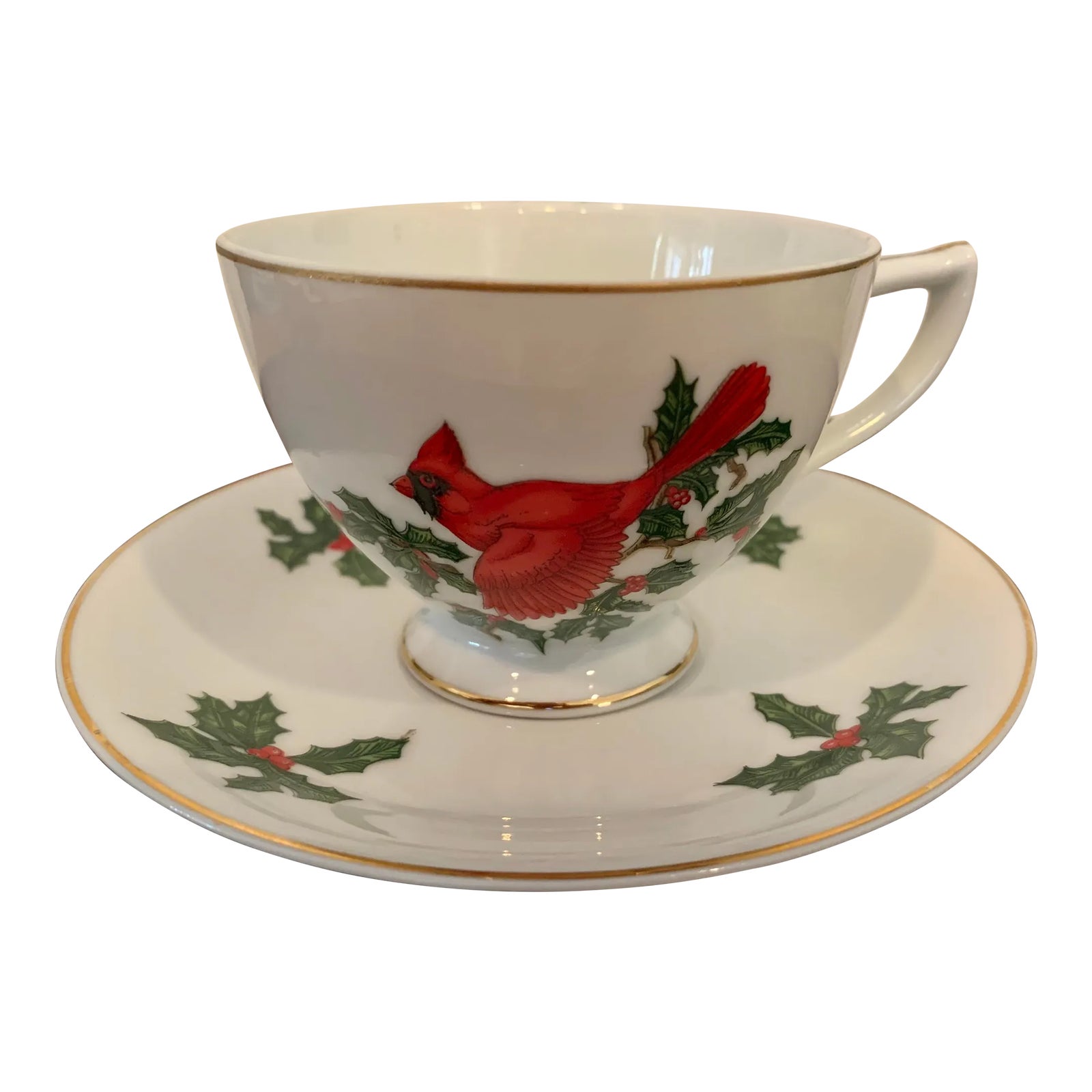 Vintage Lefton Cardinal & Holly Tea Cup & Saucer — 2 Pieces | Chairish