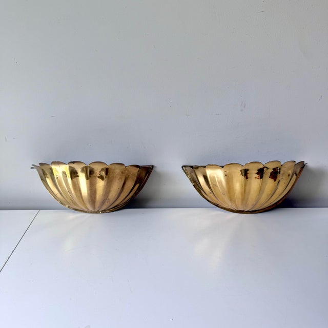 Hollywood Regency Scalloped Brass Lotus Petal Wall Pocket; A Pair For Sale - Image 3 of 9