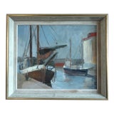1953 Mid-Century Modern 'Harbour at Rest' Vintage Original Swedish Expressive Seascape Oil Painting, Framed For Sale