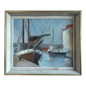 1953 Mid-Century Modern 'Harbour at Rest' Vintage Original Swedish Expressive Seascape Oil Painting, Framed