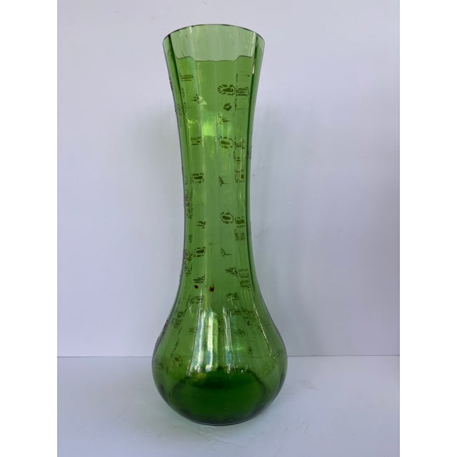 Vintage Bohemian Green Glass Hand-Enameled Floral Vase, 12” For Sale - Image 11 of 12