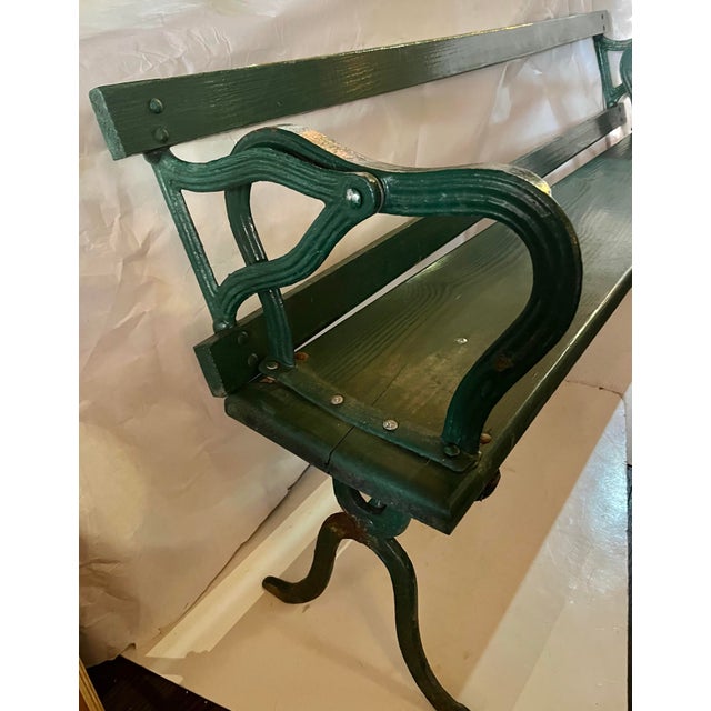 Vintage Hudson Valley Cast Iron Base Wood Railroad Bench Flip Back For Sale - Image 4 of 11