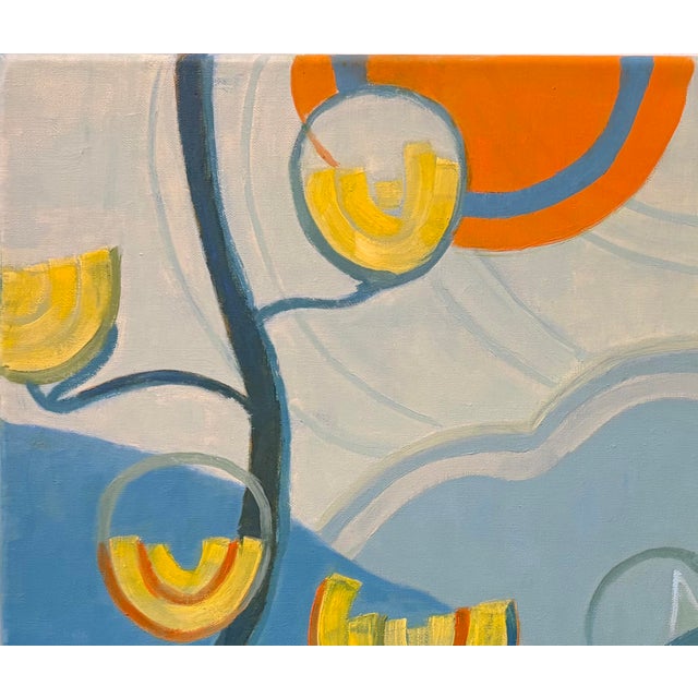 A lyrical abstract landscape oil on linen depicting meadows among mountains with playful flowering trees. Nancy’s Bio:...