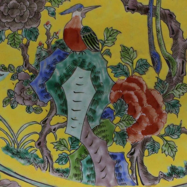 Hand-Painted Yellow Ground Porcelain Charger – 18" Famille Rose Bird & Floral Plate For Sale - Image 4 of 5
