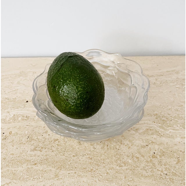 Vintage Mid-Century Modern small glass floral motif bowls - set of 3. Scalloped edge shape, embossed floral and leaf motif...