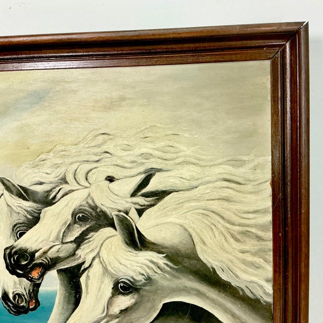 Wood 1940s Vintage Impressionist Mabel Mercer Original Oil Painting - Three American White Horses For Sale - Image 7 of 13