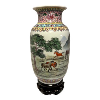 Vintage Chinese Famille Rose Wild Horses Poem Porcelain Vase For Sale