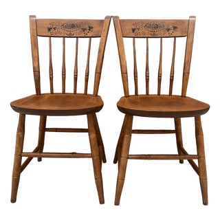 Pair Vintage Nichols & Stone Solid Maple Wood Stenciled Chairs For Sale