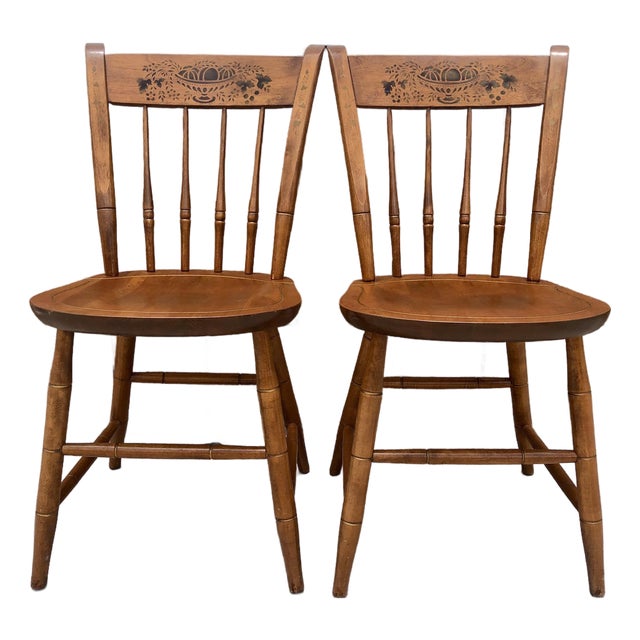 Pair Vintage Nichols & Stone Solid Maple Wood Stenciled Chairs For Sale