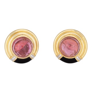 1980s Vintage Pink Tourmaline Onyx Diamond Earrings 18k Gold Round - 2 Pieces For Sale