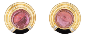 1980s Vintage Pink Tourmaline Onyx Diamond Earrings 18k Gold Round - 2 Pieces
