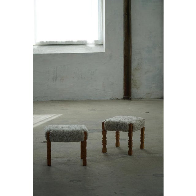 Mid-Century Modern Danish Oak Stools with Lambswool Upholstery from Henning Kjærnulf, 1950s, Set of 2 For Sale - Image 10 of 14
