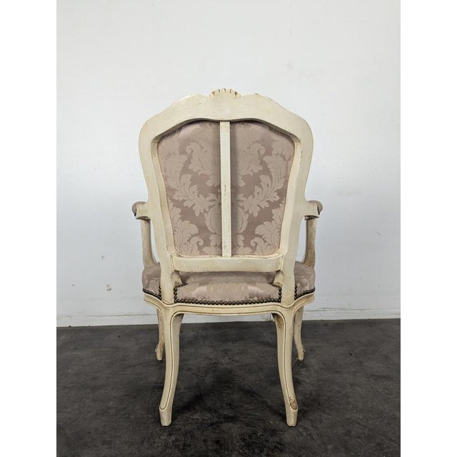2000 - 2009 Louis XV Style Cream Lacquered Cabriolet Armchair and Damask Fabric For Sale - Image 5 of 6