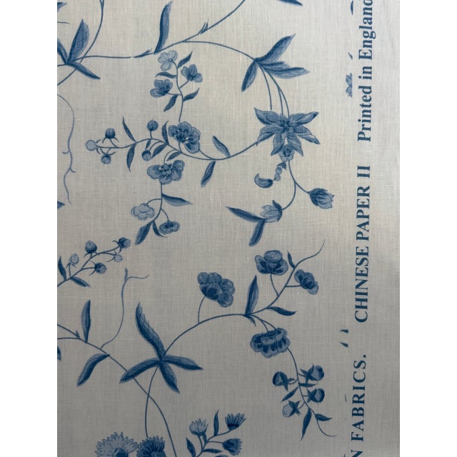 Bennison Chinese Paper - Mono Blue on Oyster Linen Fabric 3 3/8 Yards For Sale In Raleigh - Image 6 of 6