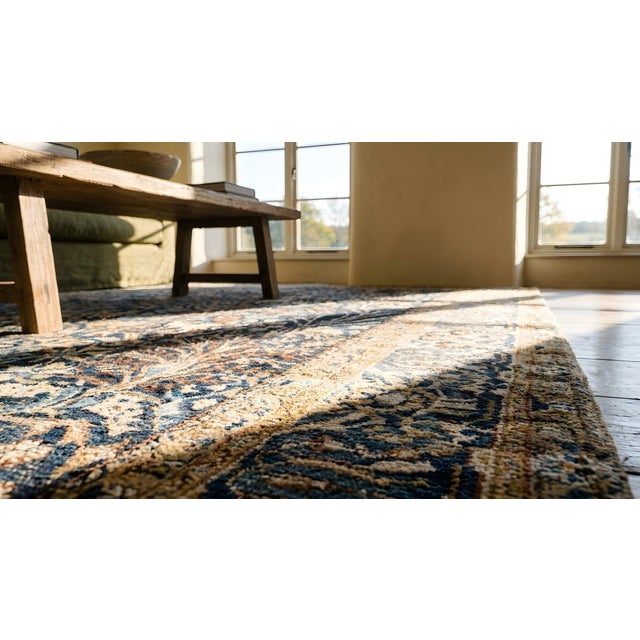 Textile Elegant Dark Blue Ground With Tan-Camel Border and Intricate Floral-Geometric Pattern Antique Persian Nain Rug For Sale - Image 7 of 9