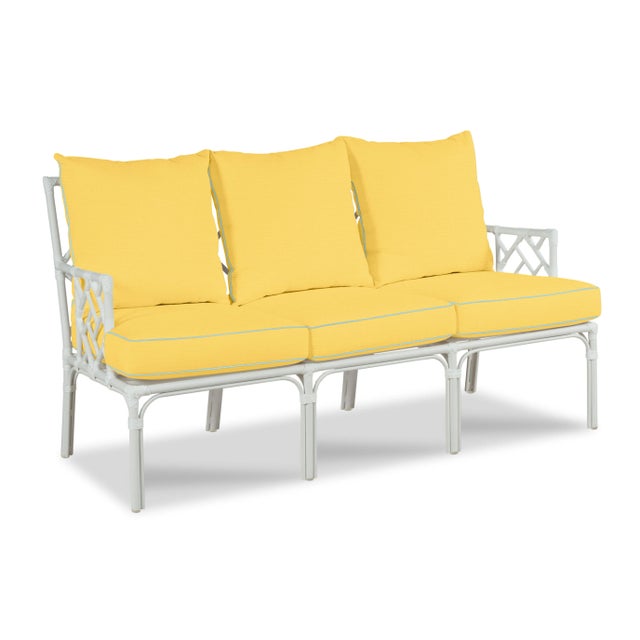 Traditional Haven Outdoor Sofa in Canvas Buttercup with Canvas Air Blue Welt For Sale - Image 3 of 4