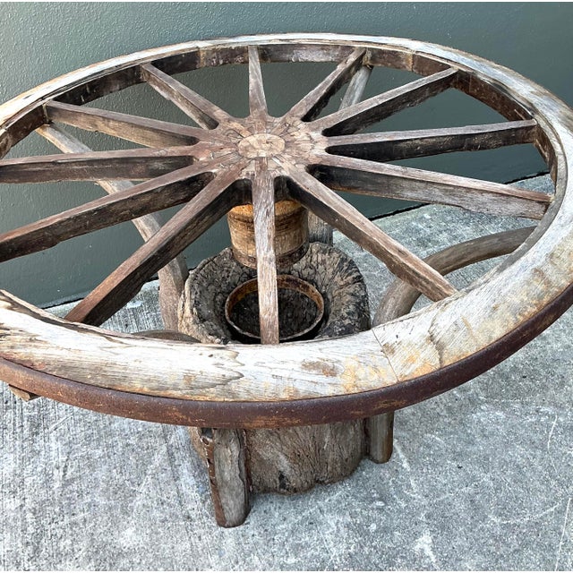 Wood Vintage Primitive Wagon Wheel Dining Table Pedestal For Sale - Image 7 of 12