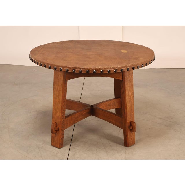 Stickley Commemorative Leather-Top Round Oak Library Table For Sale - Image 11 of 18