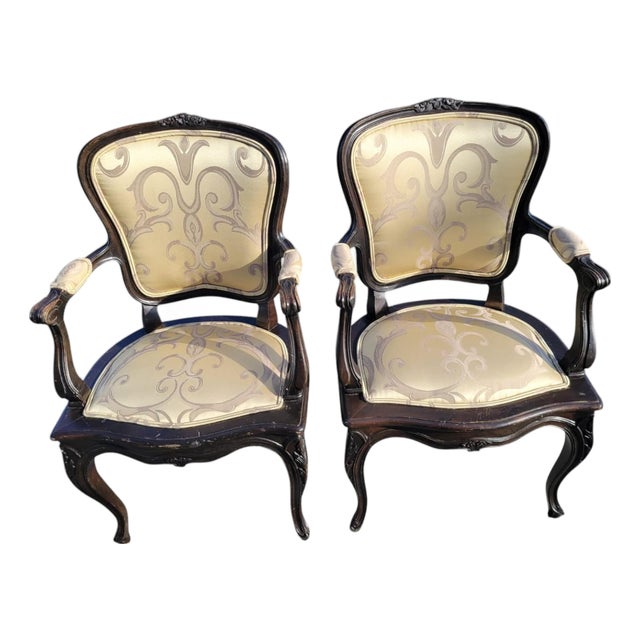 Pair 1940s French Provincial Maple Louis XV Ebony Armchairs – Newly Upholstered For Sale