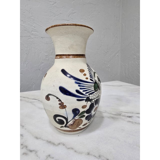 Mid 20th Century Vintage Mexican Tonalá Stoneware Folk Art Vase – Hand-Painted Bird & Floral Design, 8.5" For Sale - Image 5 of 8