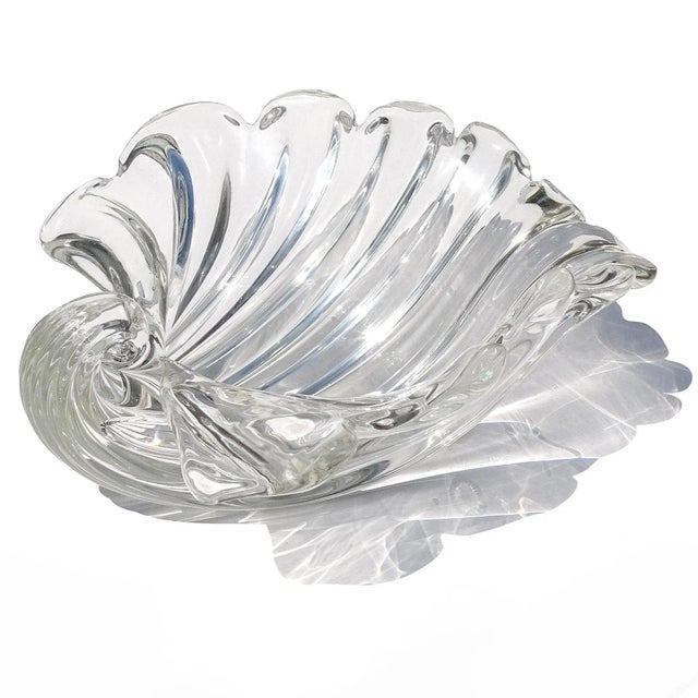 Cartier Signed Murano Seguso Vintage Crystal Clear Ribbed Surface Italian Art Glass Seashell Shell Bowl For Sale - Image 10 of 11