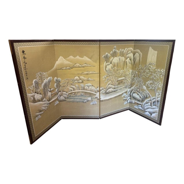 Vintage Hand Painted Asian 4-Panel Silk Screen Byobu For Sale