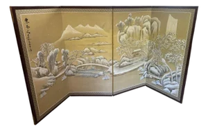 Vintage Hand Painted Asian 4-Panel Silk Screen Byobu