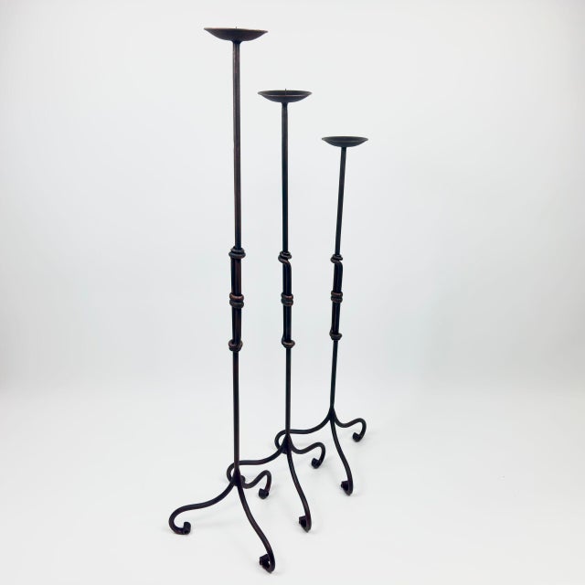 2020s Hand Forged Iron Candelabra Set of 3 (90-110cm) Antique Copper Finish Iron Bamboo Stem with Scroll Base Estate Set For Sale - Image 5 of 6