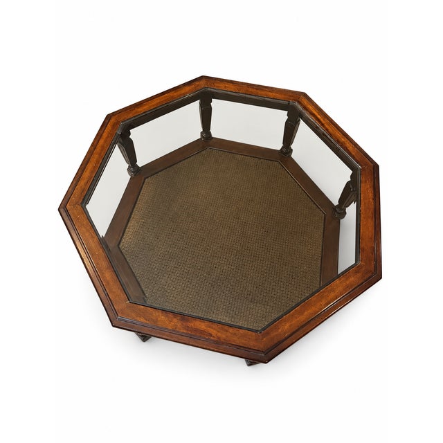 Vintage Hexagonal Wood, Smoked Glass and Cane Coffee Table For Sale - Image 9 of 10