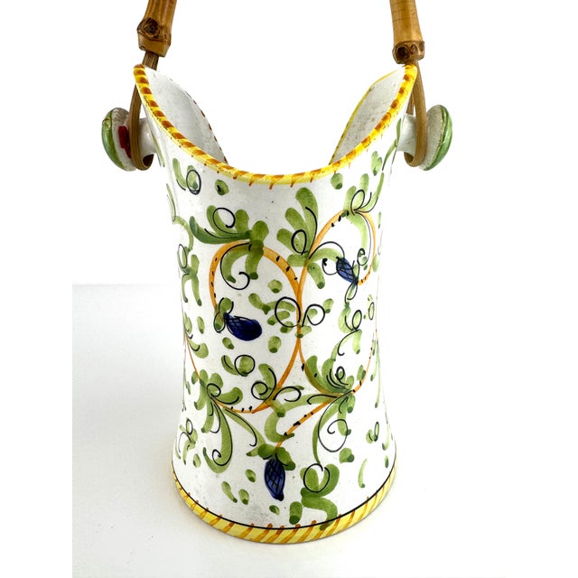 1960s 1960s Hand-Painted Italian Ceramic Vase With Bamboo Handle For Sale - Image 5 of 15