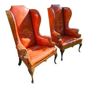 Vintage Pair of Cognac Leather Queen Anne Marie High Back Wing Chairs