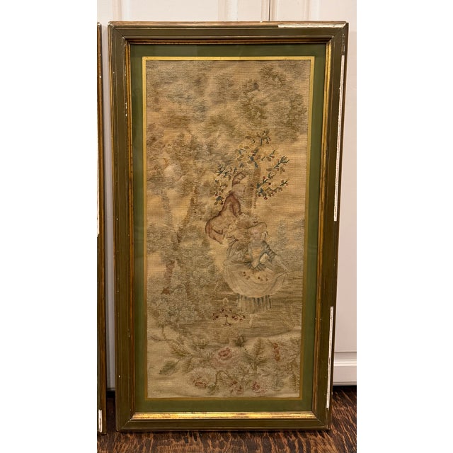 Pair of 19th-Century Figural Needlepoint & Petit Point Pastoral Panels For Sale - Image 4 of 16